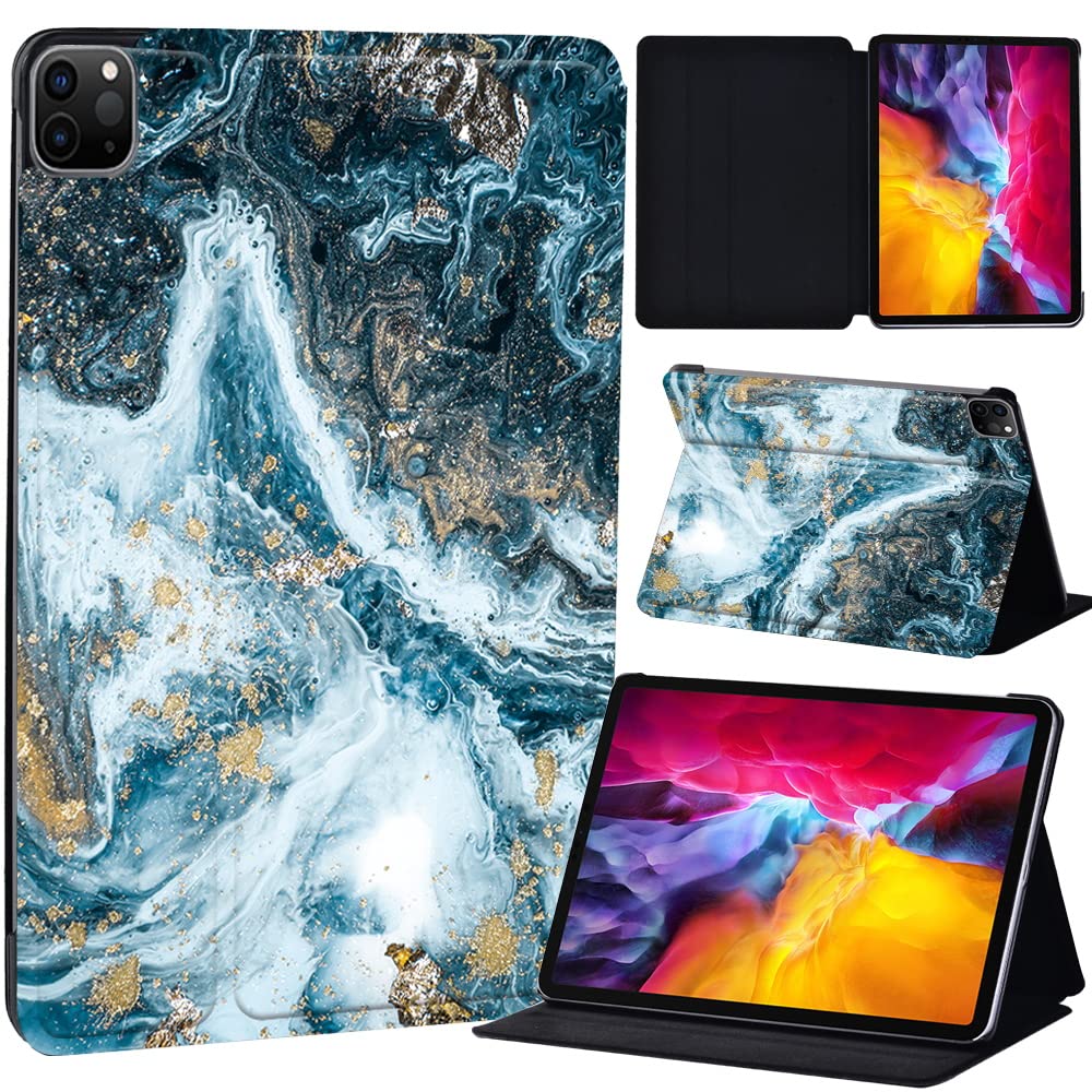 PU Leather + hard shell Ultra slim lightweight Folio Flip Tablet Stand Smart Cover Case Fit iPad Air 4 10.9" (2020) / iPad Pro 11" (2018 2020 2021) (dark blue wave marble)
