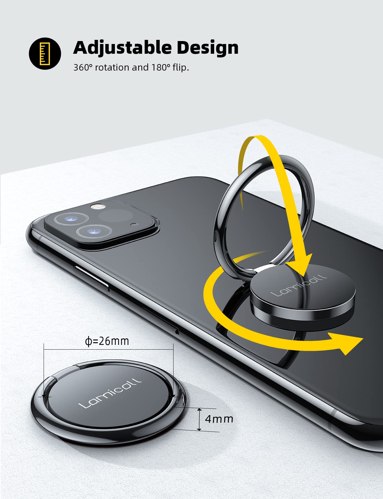 Lamicall Cell Phone Ring Holder Stand - Phone Finger Gip Kickstand, 360° Rotation Polished Metal Grip for Magnetic Car Mount, Fit for iPhone 17/16/15/14 Pro Max Air, Android Smartphone Accessories