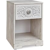 Signature Design by Ashley Paxberry 1-Drawer Nightstand, Cubby, Whitewash | Engineered wood (MDF/particleboard/plywood) and decorative laminate, Worn painted hardware, Boho cottage bedside table