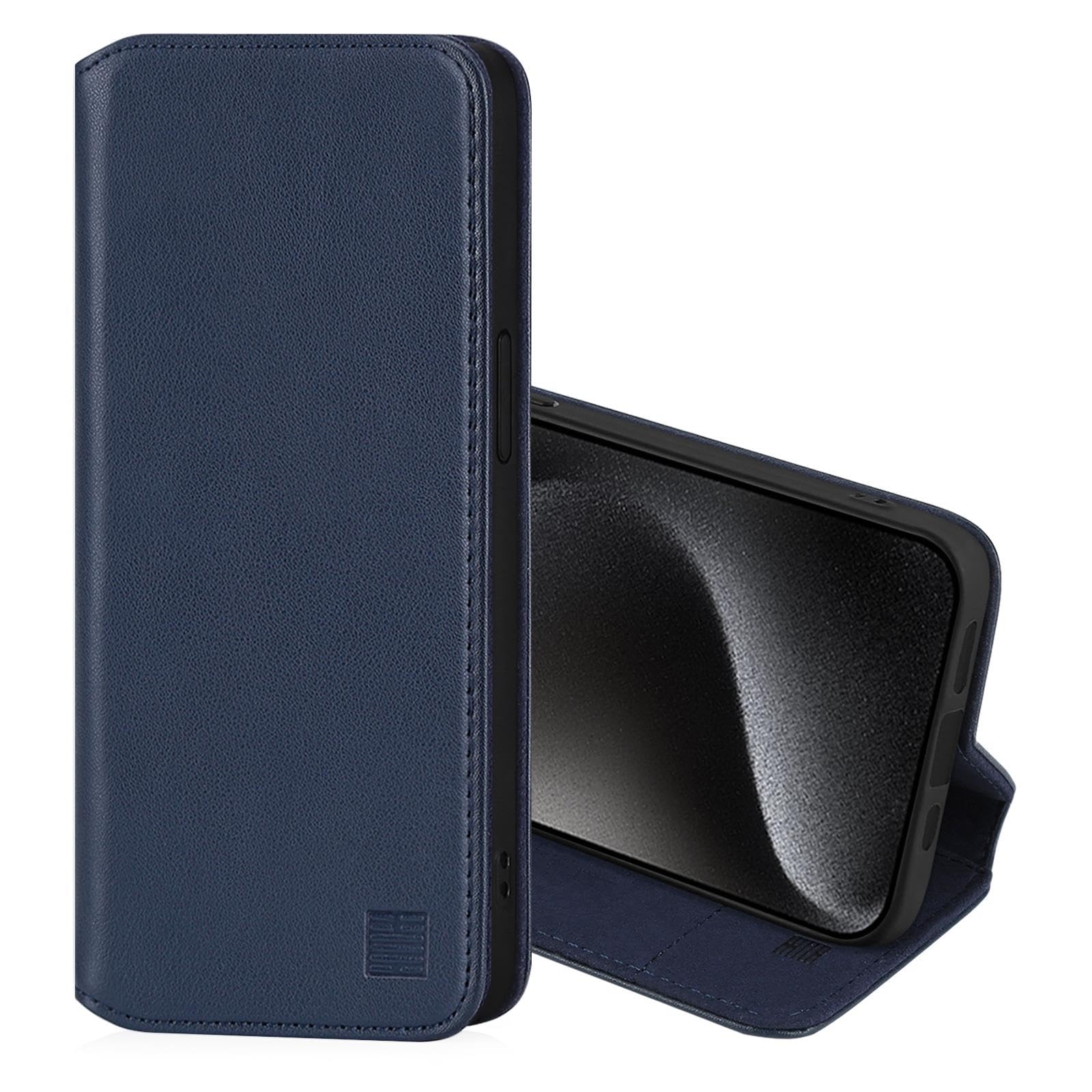 32nd Classic Series 2.0 - Real Leather Book Wallet Flip Case Cover For Apple iPhone 15 Pro (6.1"), With RFID Blocking Card Slot, Magnetic Closure and Built In Stand - Navy Blue