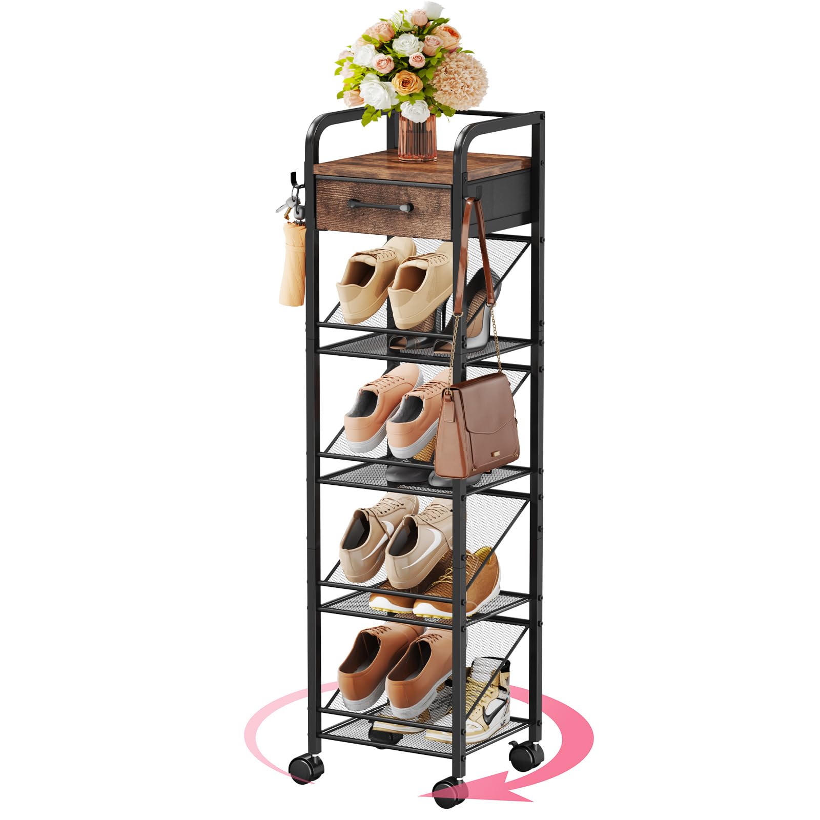 Photo 1 of SWTYMIKI Rolling Vertical Shoe Rack - Shoe Tower with Drawer and Hooks, Shoe Storage Organizer for Entryway Closet Bedroom, Space-Saving Wood and Metal Narrow Shoe Shelf, Espresso