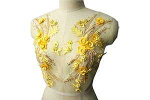 MUMAYA Lace Fabric 3D Flower Patches Tassel Beads Rhinestone Embroidered Wedding Gown Appliques Sew Patch for Dress DIY Decor 2 Pcs (Yellow)