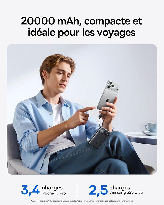 FC11 Powerbank Compact 45W 20000mAh avec 2 Câbles USB-C Intégrés, CCC Certifiée Batterie Externe PD Charge Rapide, Mini Power Bank pour iPhone 18/17/16 Pro Max, Samsung Galaxy S25/S24, Noir