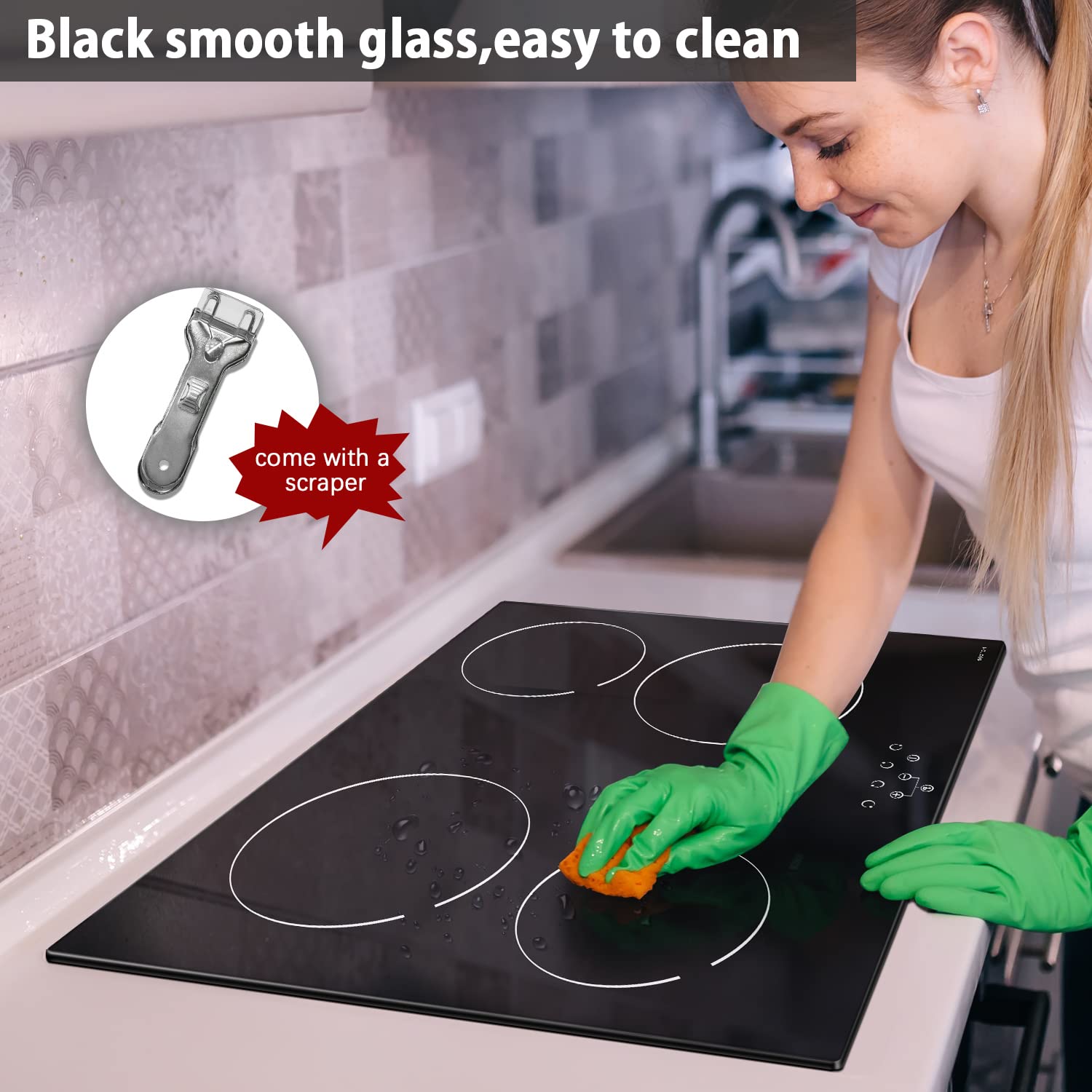 Noxton 24 Inch Electric Cooktop 4 Burners Electric Stove, Built-in Ceramic Cooktop with Touch Control Child Lock Timer Easy To Clean with Hard Wire 6000W 240V