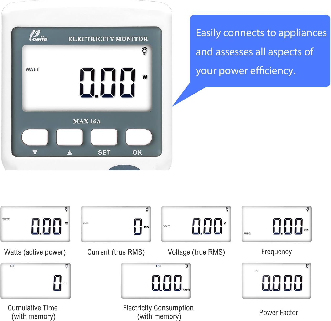 Poniie PN2000 Plug-in Kilowatt Electricity Usage Monitor Electrical Power Consumption Watt Meter Tester w/ Extension Cord - - 