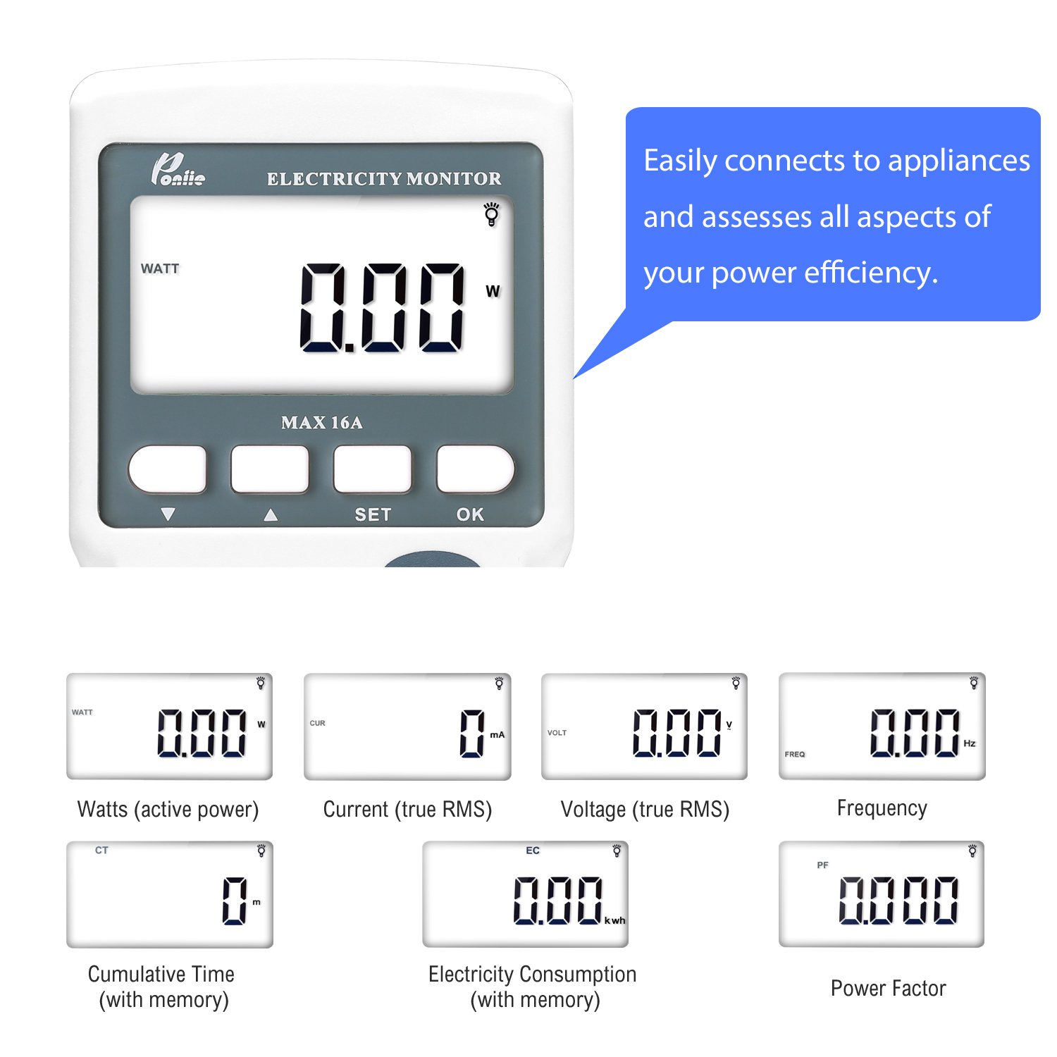 Poniie PN2000 Plugin Kilowatt Electricity Usage Monitor Electrical Power 723576168089 eBay