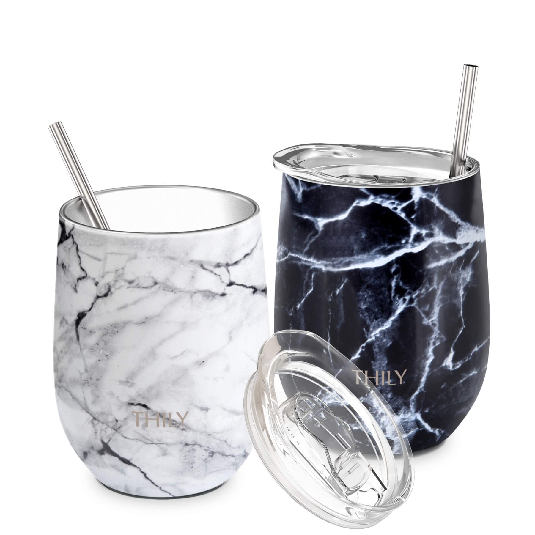 THILY Vacuum Insulated Stemless Wine Tumbler 12 oz Stainless Steel Wine Glass with Lid and Straw, Keep Drinks Cold or Hot, Christmas Birthday Gift, 2 Pack(White Marble + Black Marble)