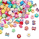PONABEADIY 1 Box 300PCS Polymer Clay Beads with Holes Butterfly Flower Plum Blossom Handmade Flat Mixed Color Assorted Spacer Loose Bead Charm Bulk for Jewelry Making Necklace Bracelets DIY Craft
