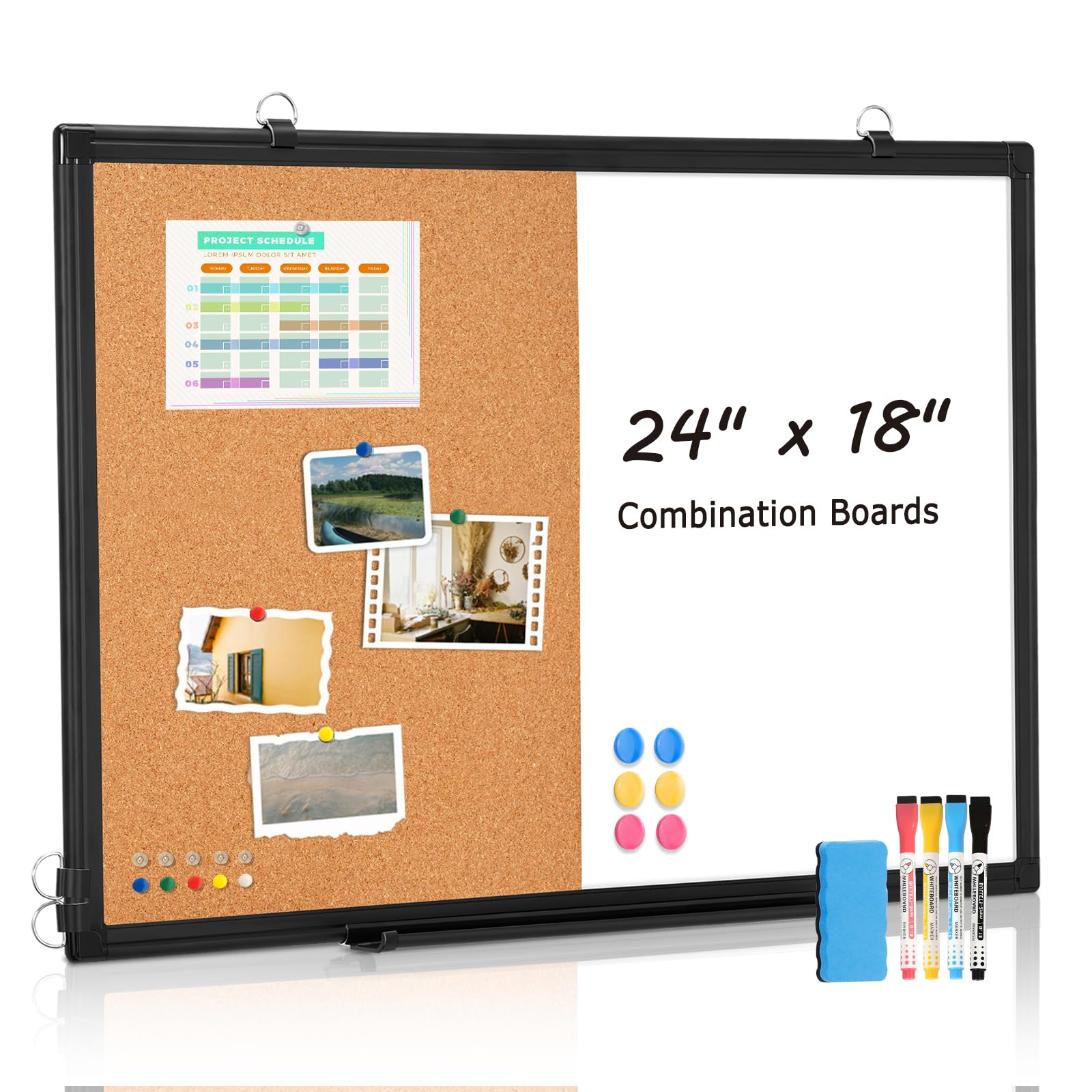 Photo 1 of [24" x 18"] WALGLASS Dry Erase and Bulletin Boards Combo, Magnetic White Board Cork Board for Wall, Whiteboard & Corkboard Combination with Aluminum Frame, for Home, Classroom, Office