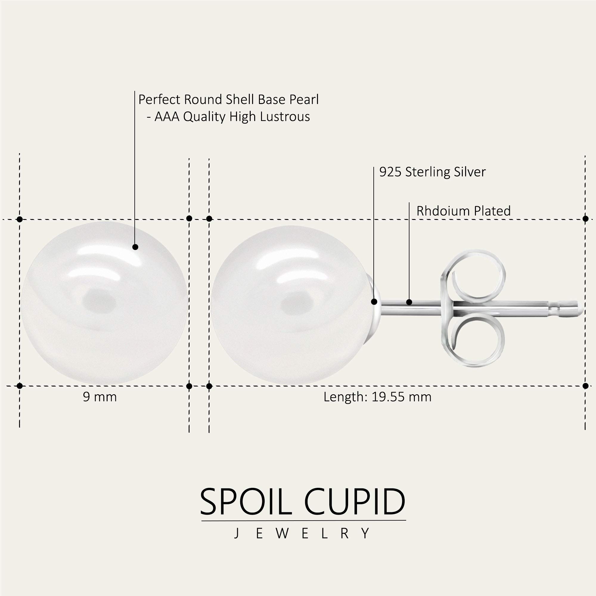 White Smooth Round Shell Base Imitation Pearl Rhodium Plated 925 Sterling Silver Stud Earrings, 9mm