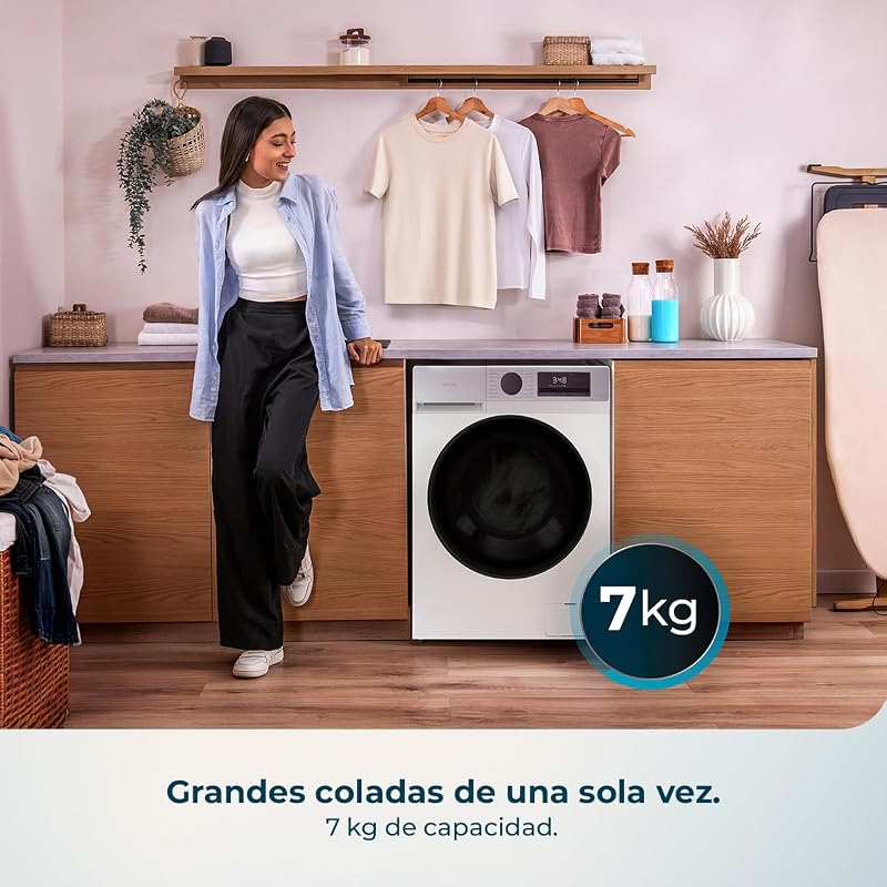Lavadora Carga Frontal 7Kg Bolero DressCode 7450 Inverter. 1850W, 1200 rpm, Clase A-10%, Bajo Consumo, 16 programas, Panel Inox, Allergy Care, Pearl Drum, Función Silence, KidLock, Blanco