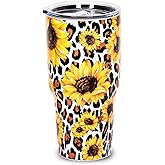 YHSHYZH 30 OZ Tumbler with Lid, Reusable Stainless Steel Cup, Insulated Travel Coffee Mugs, Sunflower Gifts for Women Men, Gifts for Birthday, Valentine's Day, Mother Day (30OZ, Leopard Sunflower)