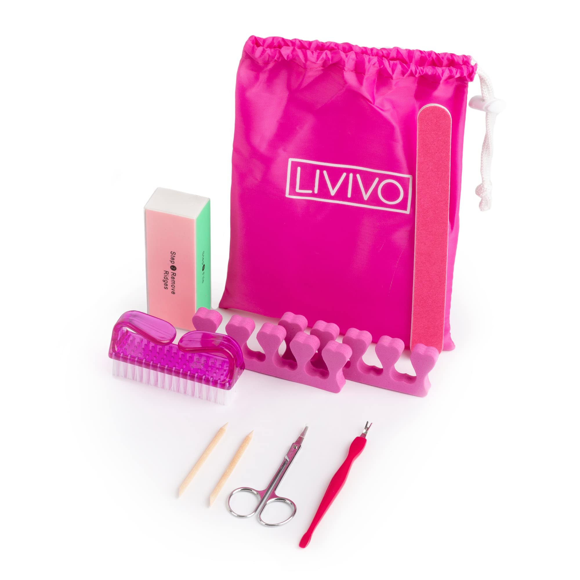 LIVIVO 9 Piece Manicure & Pedicure Kit – Nail Grooming Set for Natural & Acrylic Nails with Emery Board, Buffer Block, Cuticle Tool, Nail Scissors, Nail Brush, Toe Separators & Storage Case