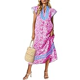 Wenrine Womens Summer Floral Maxi Dress Casual Short Cap Sleeve V Neck Color Block Side Slit Loose Boho Beach Dresses