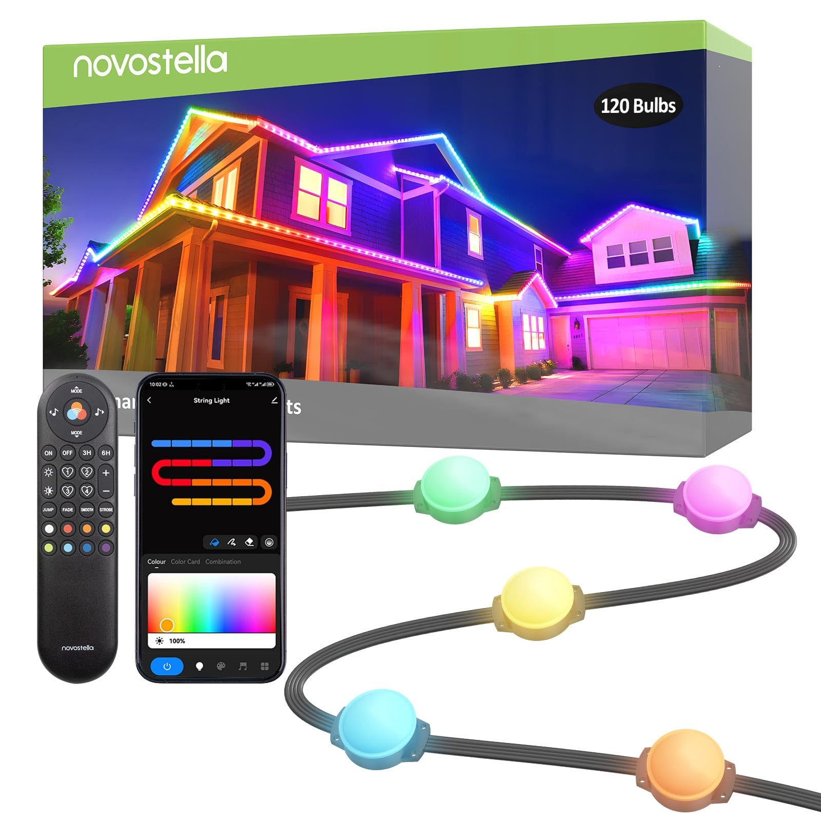 Photo 1 of NOVOSTELLA Permanent Outdoor Lights, Smart RainbowColor RGB IC Light, 150ft (75x2) with 120 LED Eaves Lights IP65 Waterproof for Holidays, Christmas, Daily Lighting, WiFi APP Voice Control