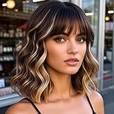 Veally Blonde Highlight Bob Wig with Bangs Short Brown with Blonde Wigs for Women Natural Looking Synthetic Heat Resistant Fiber Highlight Wig for Daily Party Use