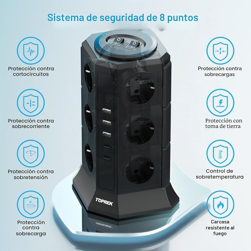 Regletas Enchufes Vertical con 2 Interruptor, 12 Schuko, 2 USB C y 3 USB A, 4000W/16A, Regleta Torre Enchufe con Cable 2M, Regleta Enchufes Proteccion Sobretension, Negro — foto 4 de 7