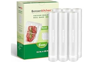 Bonsenkitchen 6 Rolls 11" x 16' Vacuum Sealer Bags for Food with a Color Box, Easy to Store, Commercial Grade, BPA Free, Grea