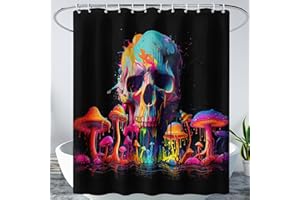 AILONEN Mushroom Skull Shower Curtain for Bathroom, 3D Oil Painting Mushroom Skull Bath Curtain for Kids Boys Girls,Modern Abstract Print Waterproof Black Curtain with 12 Plastic Hooks, 48" W*72" H