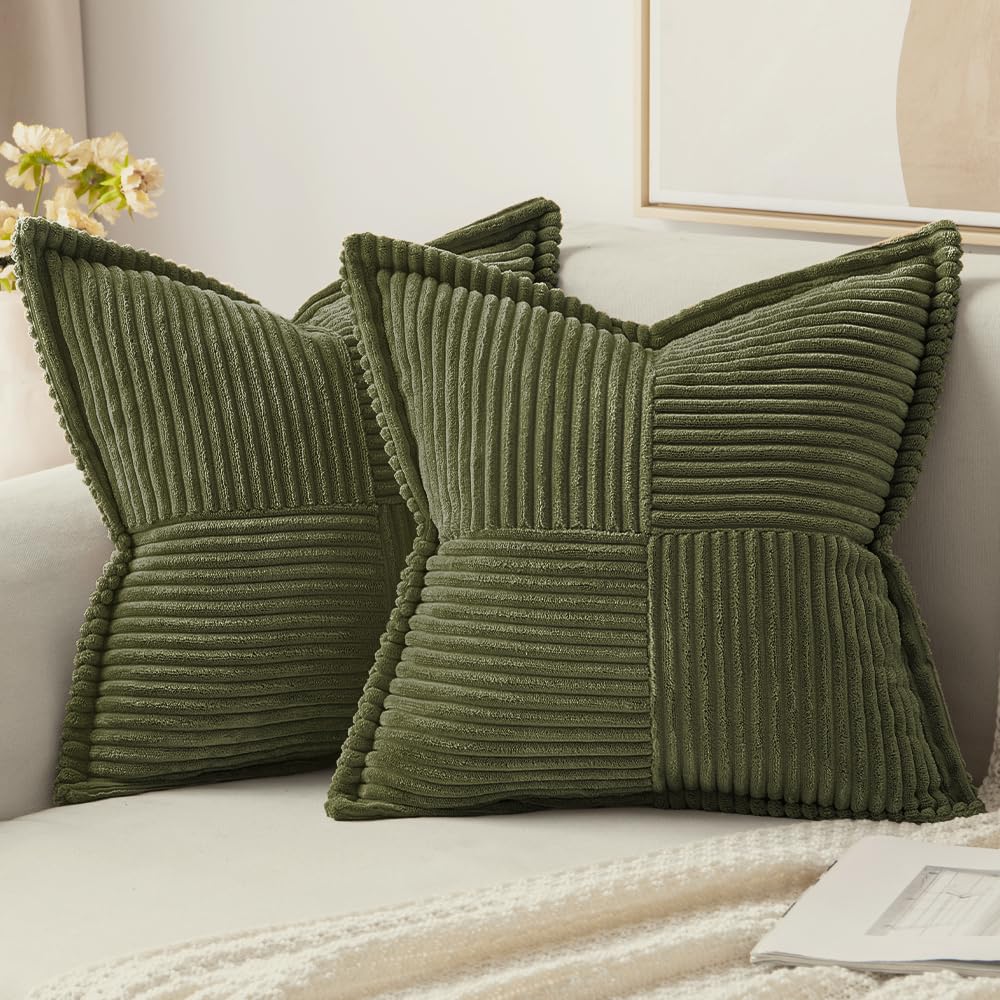 Photo 1 of MIULEE Decorative Throw Pillow Covers for Couch Bed Livingroom 20x20 Inch Set of 2 Olive Green Boho Accent Throw Pllows Broadside Striped Patchwork Soft Corduroy Summer Pillowcases
