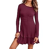 Wenrine Womens Long Sleeve Sweater Dress Casual Ribbed Knit Crewneck A Line Slim Fit Tiered Fall Mini Dresses