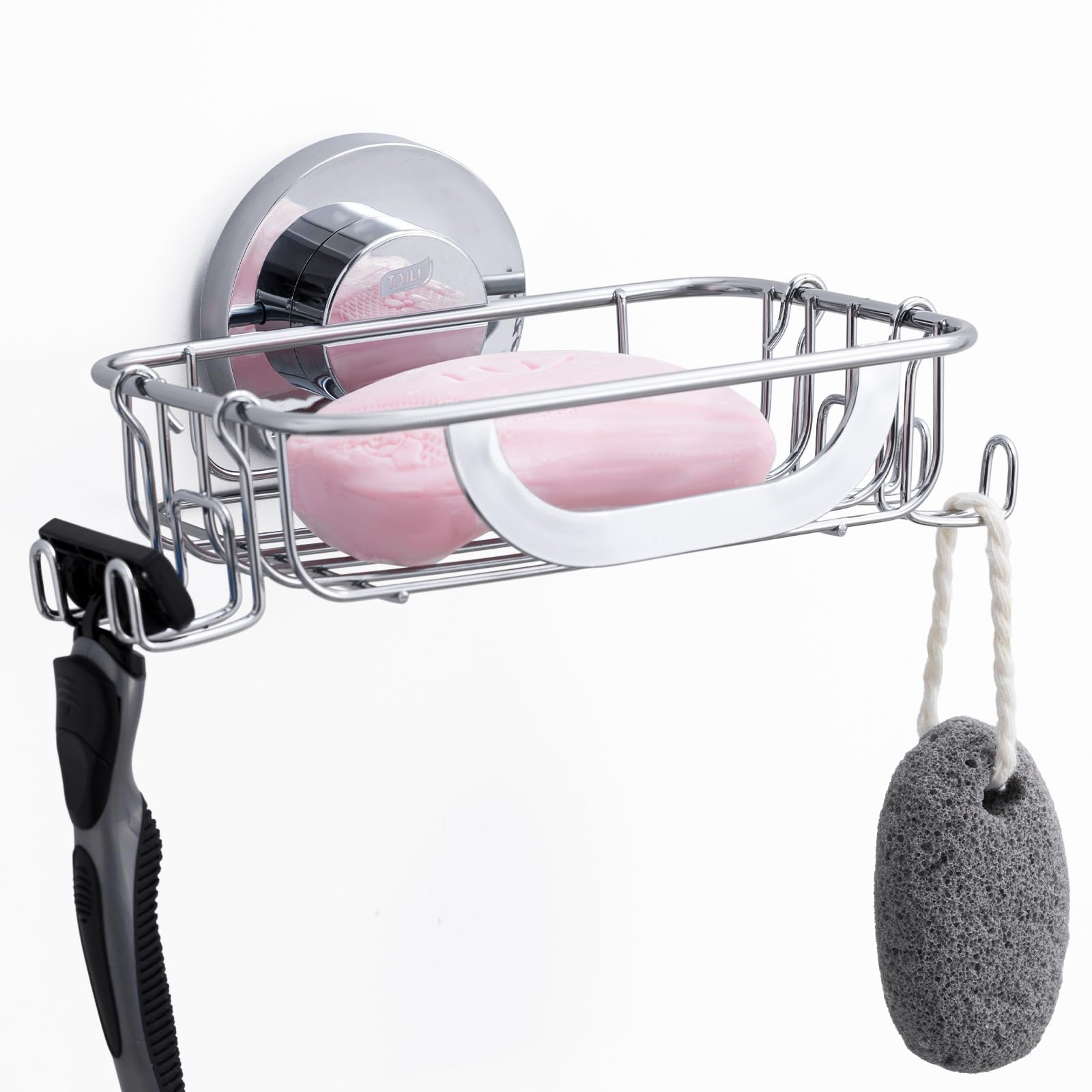 TAILI Suction Soap Dish for Shower with Hooks, Max Hold 5 KG Soap Holder Shower for Bathroom, Wall Mount Sponge Tray, Removable Metal Bathtub Organizer, Drill-Free Sink Holder, Stainless Steel, Silver