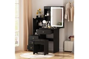 FAMAPY Vanity Mirror with Lights Desk and Chair, Vanity Desk with Sliding Lighted Mirror, Makeup Vanity with Lights, Drawers & Crystal Handles, Cushion Stool, Black