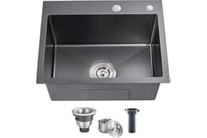 POPFLY 23 x 18 Inch Drop in Kitchen Sink, 304 Stainless steel Overmount Single Bowl Utility 9 Inch Deep Small Sink, Radius Handmaed Bar Prep Sink, Black