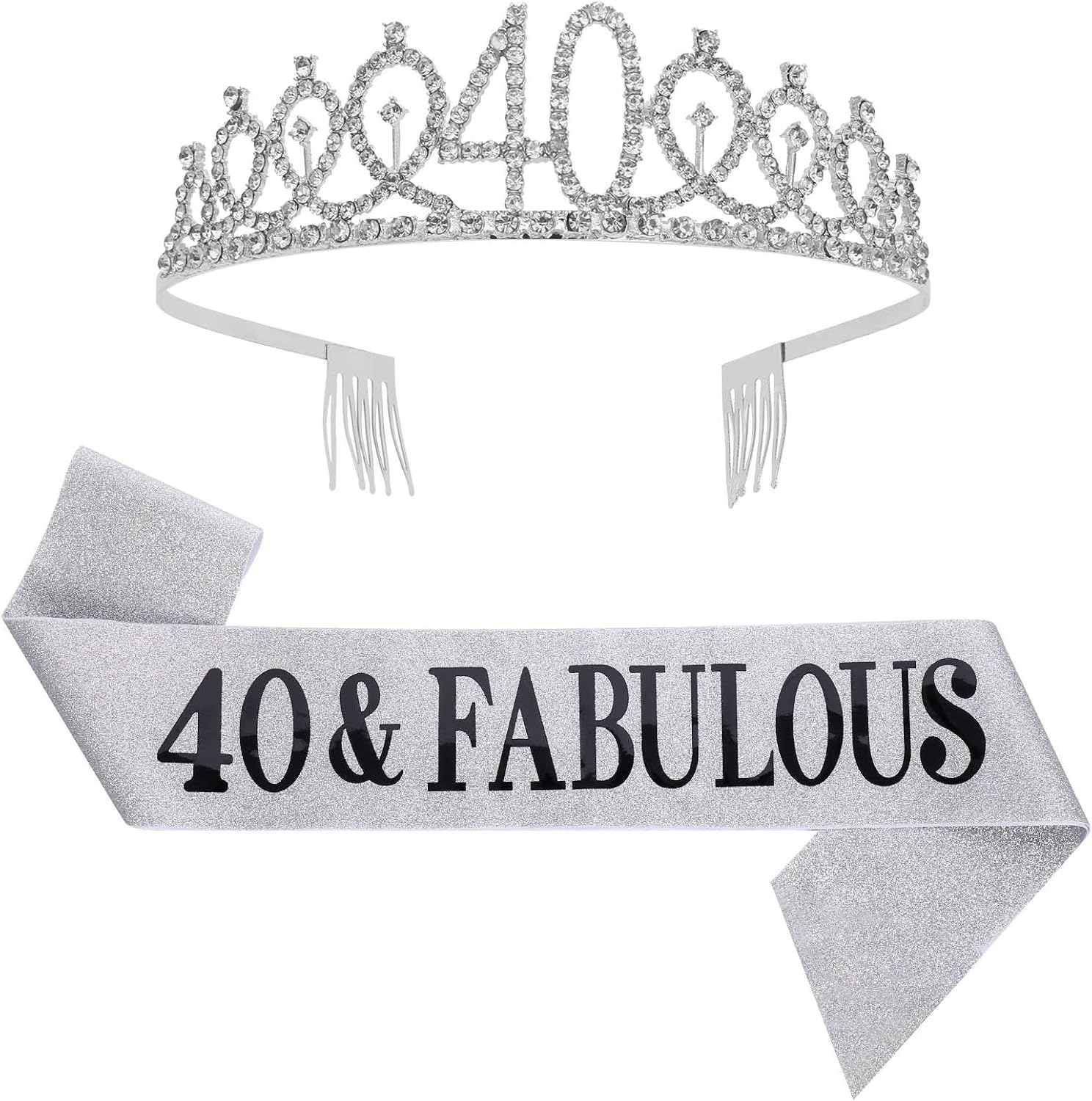 SUSSURRO "40 and Fabulous Sash and Rhinestone Tiara Set,40th Birthday Gifts Birthday Sash for Women Birthday Party Supplies( Silver)