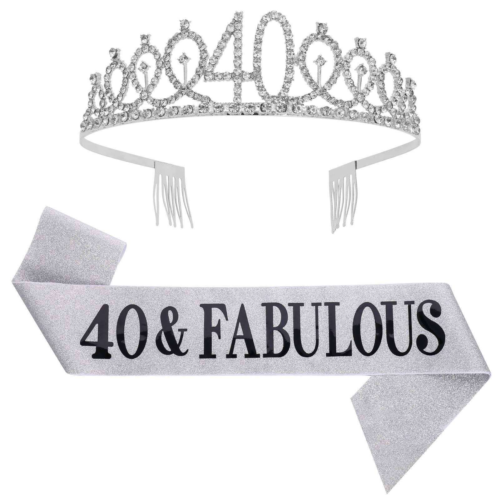 SUSSURRO "40 and Fabulous Sash and Rhinestone Tiara Set,40th Birthday Gifts Birthday Sash for Women Birthday Party Supplies( Silver)