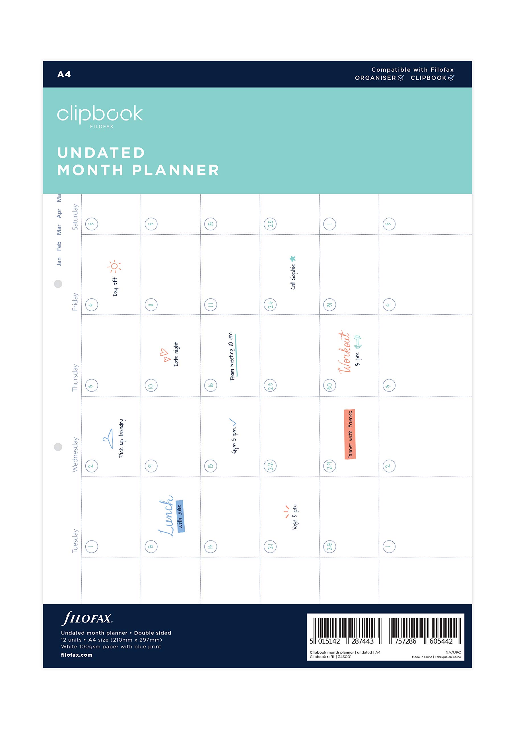 Filofax undated Month Planner A4 Clipbook Refill, White
