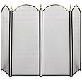 AMAGABELI GARDEN & HOME Decorative Gold Fireplace Screen 4 Panel Folding Ornate Wrought Iron Black Metal Fire Place Free Standing Gate Large Mesh Solid Steel Spark Guard Cover Outdoor Accessories