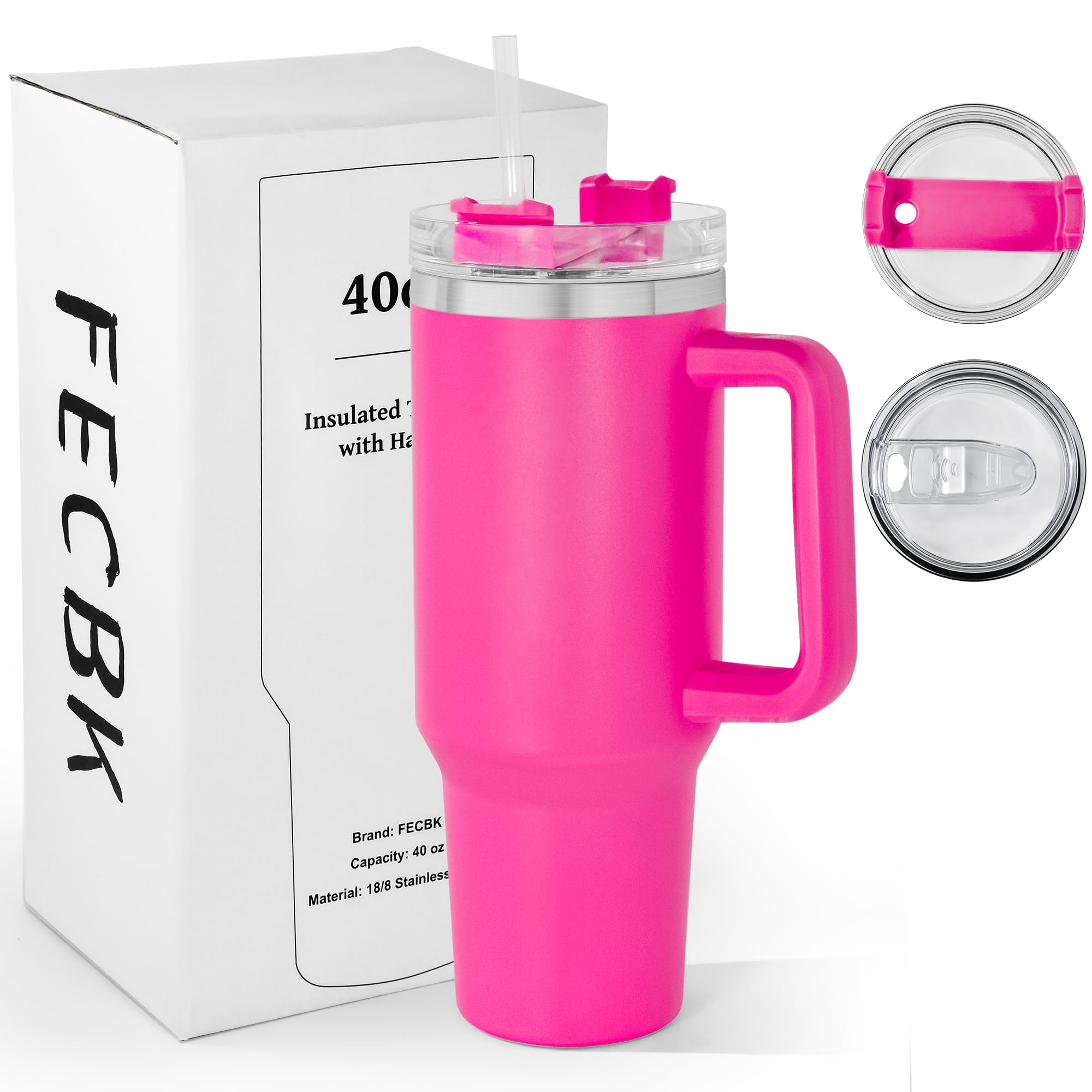 FECBK 40oz Tumbler with Straw and Lid 1.2L, 100% Leak-Proof Travel Mug with Handle, Stainless Steel Vacuum Insulated Water Bottle Keeps Cold for 34H / Hot 12H, Dishwasher Safe, Fuchsia