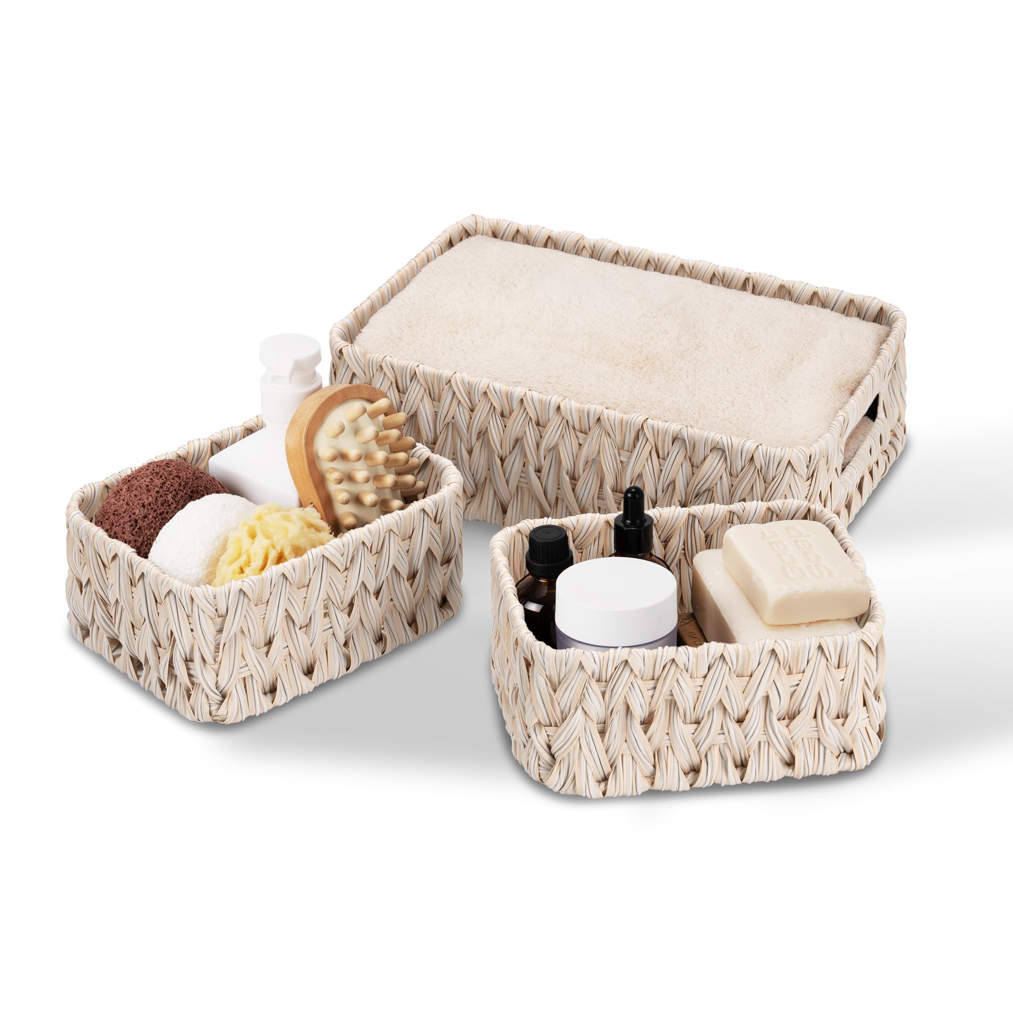 GRANNY SAYS Wicker Storage Baskets, Pack of 3 Wicker Baskets for Shelves, 1 Large Woven Storage Basket and 2 Small Decorative Boxes, Bathroom Counter Organisers, Toilet Basket for Tank Topper, Brown
