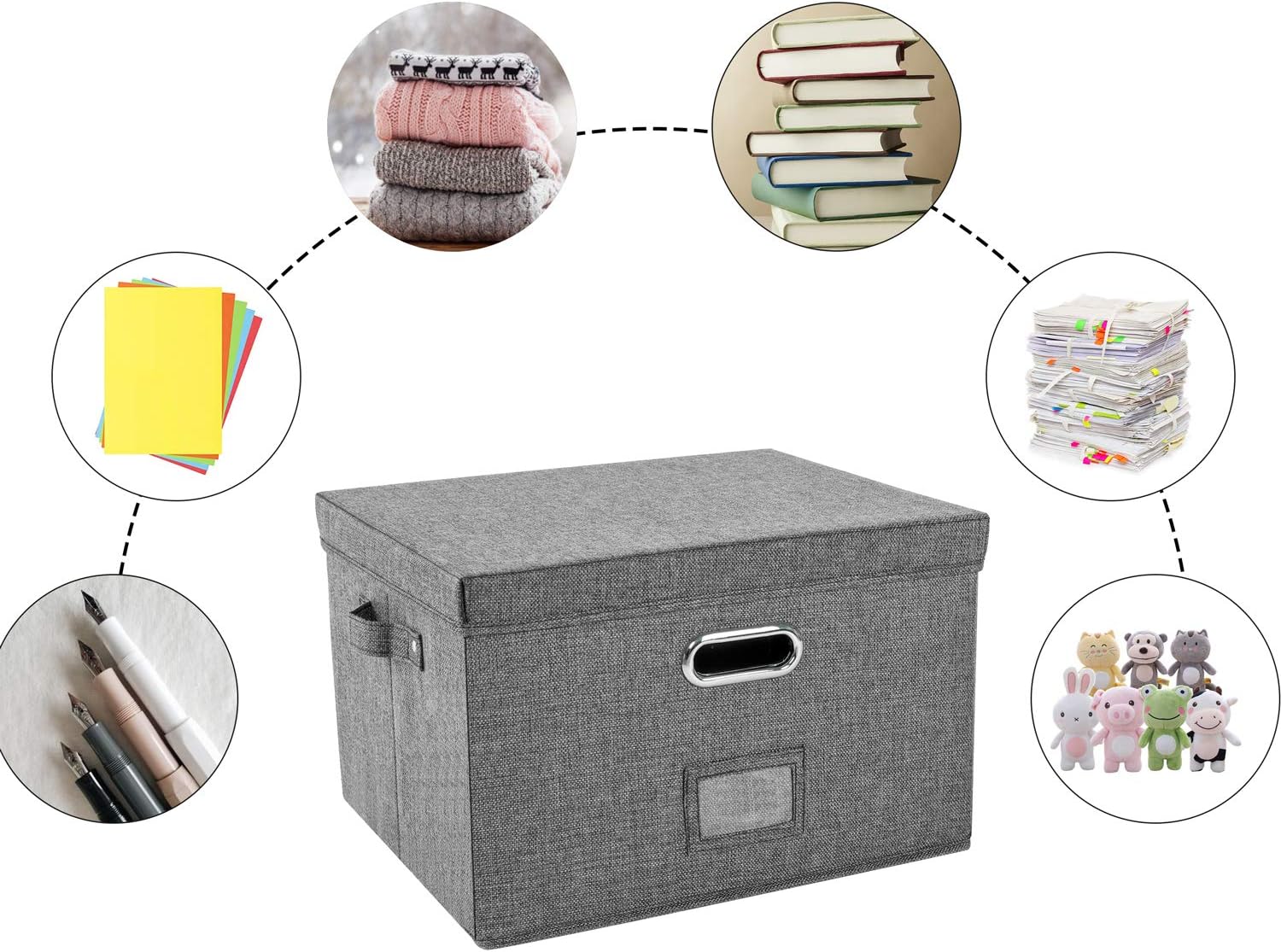 JSungo File Organizer Box Office Document Storage with 5 Hanging Filing Folders, Collapsible Linen Storage Box with Lids, Home Portable Storage with Handle, Letter Size Legal Folder, Grey : Office Products
