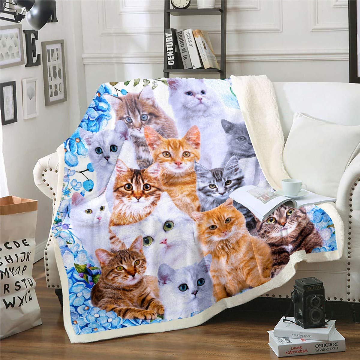 Kids' Cute Cat Plush Fleece Throw Blanket - Cartoon Pet Cats, Kitten Print, Sherpa, Animal Themed Design, Fuzzy, 50x60 Inch