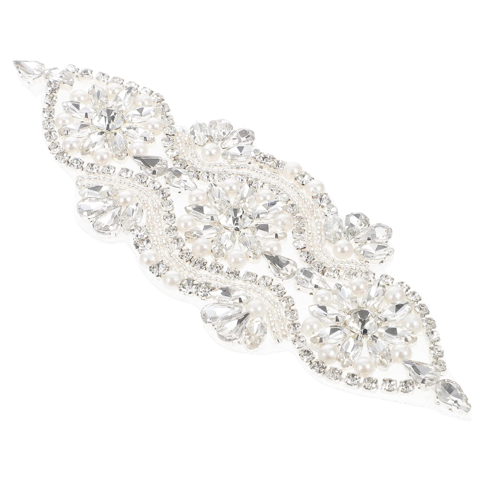 Amosfun Rhinestone Flower Applique Patch Wedding Bridal Dress Belt Embellishment Beaded Sewing Patch for DIY Clothing Wedding Belt Shoes Decor Silver