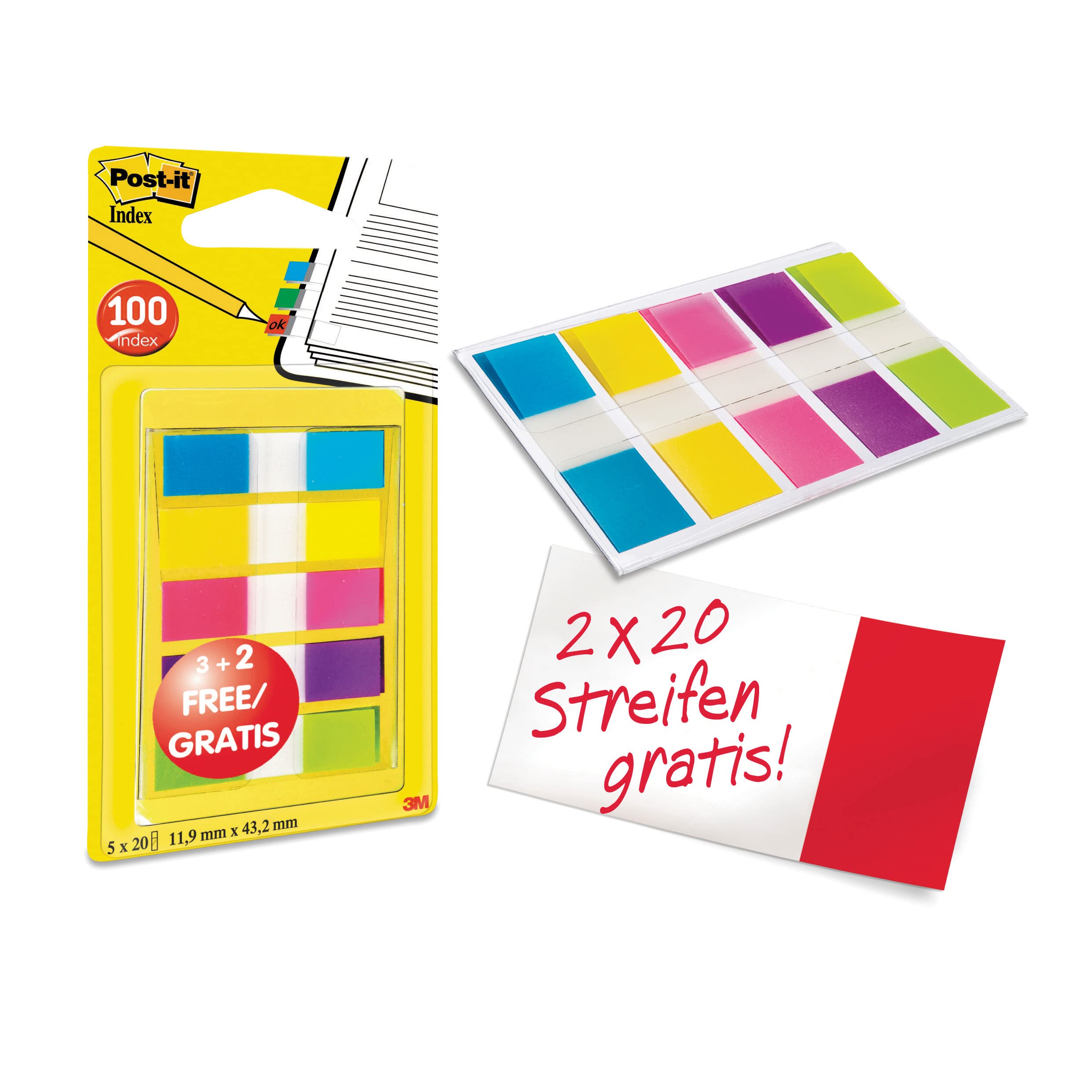 Post-it Index, Small, Assorted Colours, 3 Pads of 20 Sheets + 2 Pads FREE