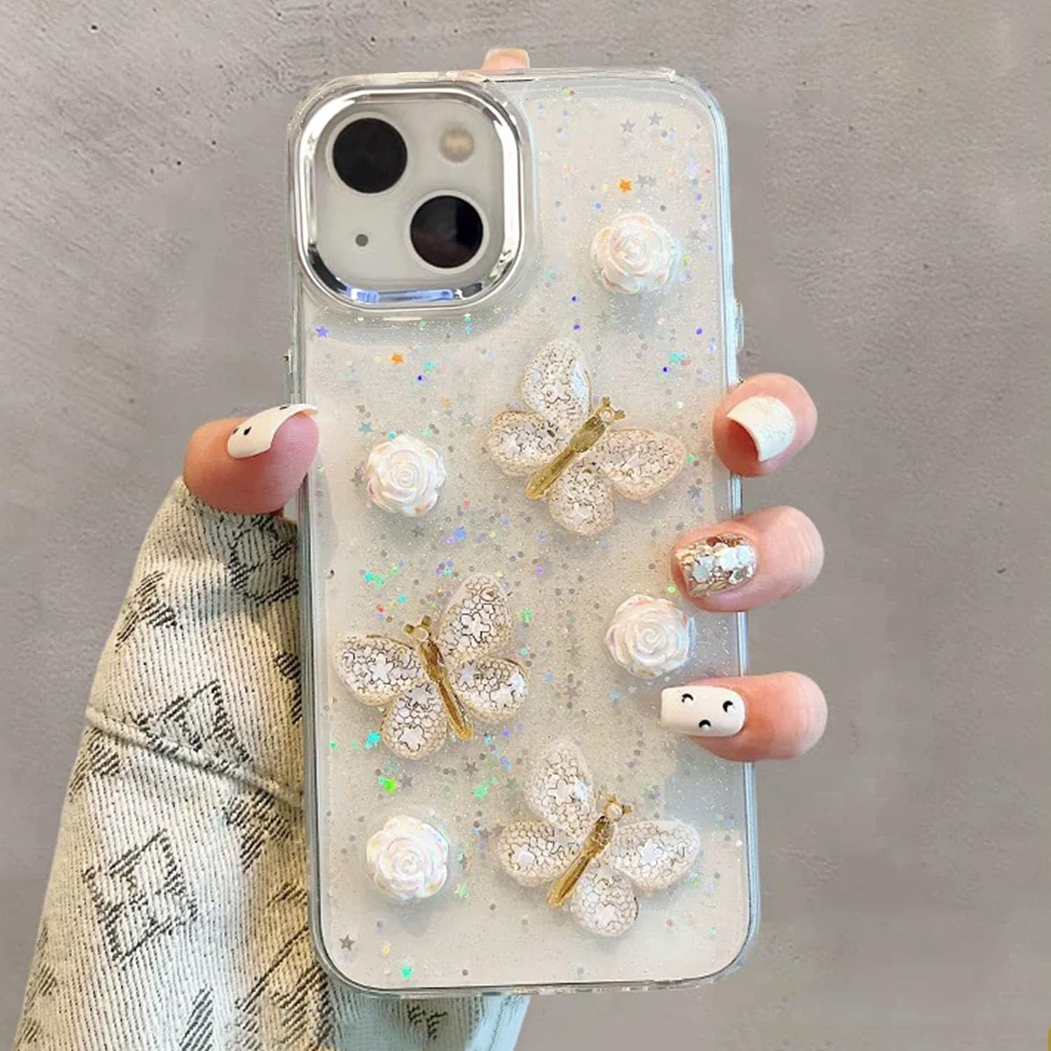UEEBAI Case for iPhone 13/14, Clear Soft Pretty Cute Glitter Bling 3D Butterfly TPU Phone Case Slim Airbags Corners Non-Yellowing Shockproof Protective Bumper Silicone Cover for Women Girls, White
