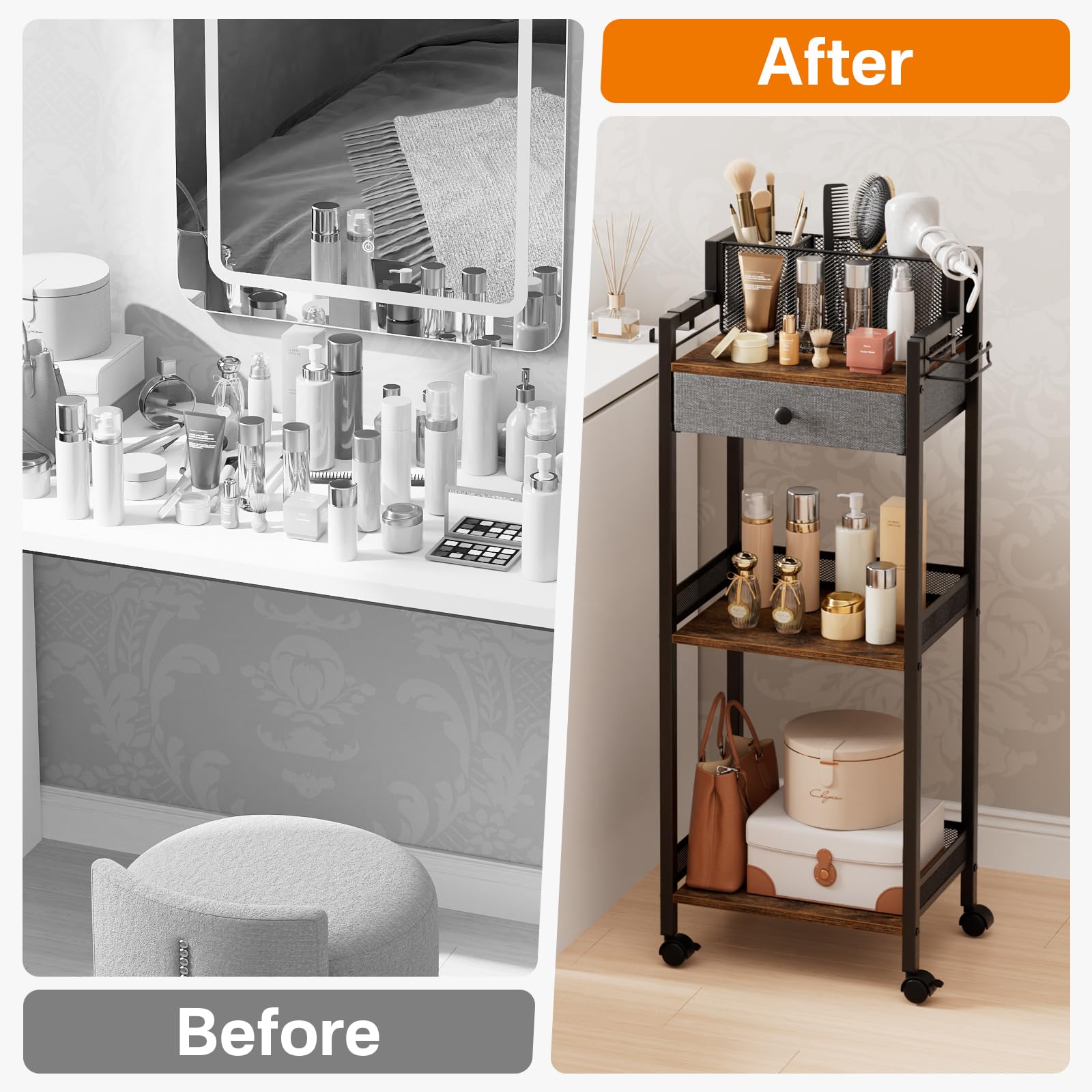 FURFUN Bathroom Shelves with Drawer, 3 Tier Metal Rolling Standing Unit Storage Organizers with Toilet Paper Holder, Multifunctional Floor Corner Rack for Cosmetic, Dryer Curling Irons 12.8in Wide