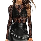YLIRJ Women's Lace Long Sleeve Tops Mesh Sheer Blouse See Through Floral Concert Outfits Party Lace Undershirt