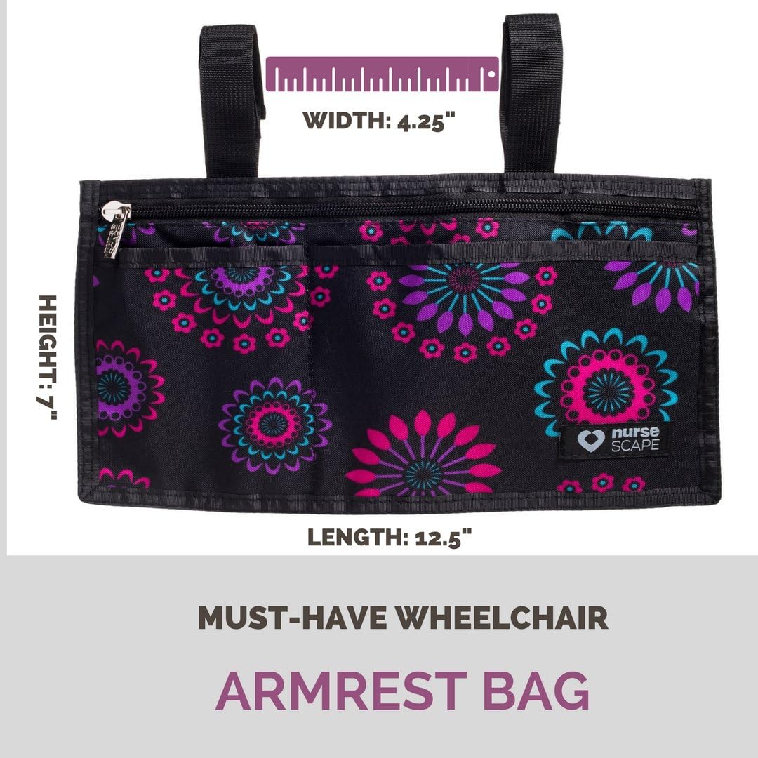 Wheelchair Armrest Pouch Organizer Bag for Side of Chair, 3 Pocket Tote, Arm Rest Storage Accessories for Electric, Manual or Powered Chairs (Pink-White Hearts): Kitchen & Dining