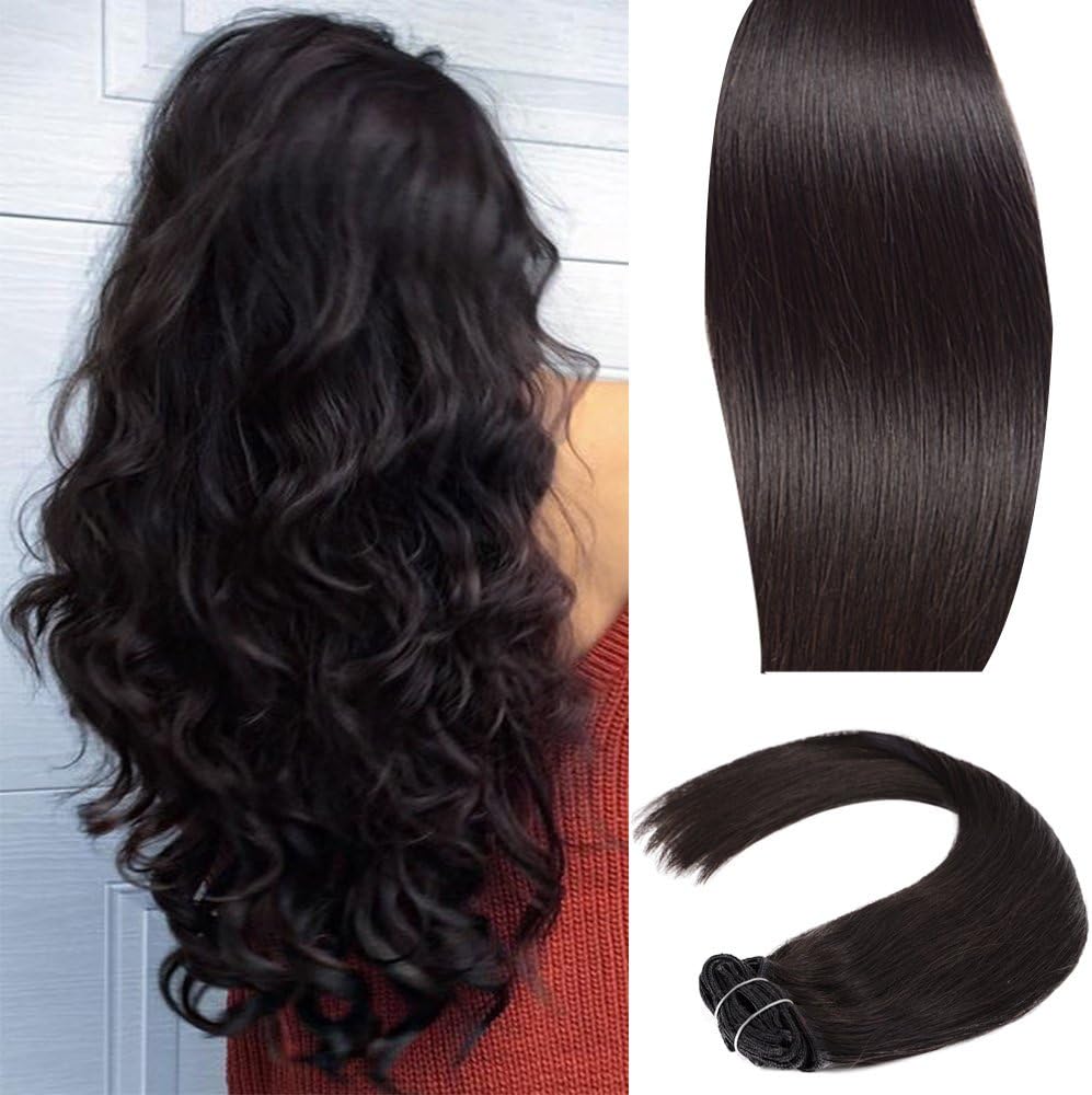 ChicFusion Brazilian Human Hair Extensions Clip in 100g Silky Straight Weft Remy Hair (14 inch, 1B Natural Black)