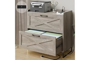 VABCHES Lateral File Cabinet 2 Drawer File Cabinet with Charging Station for Legal/Letter/A4 Size Hanging Files, Modern Farmhouse Large Wood File Storage Cabinet for Home Office Furniture(Washed Gray)