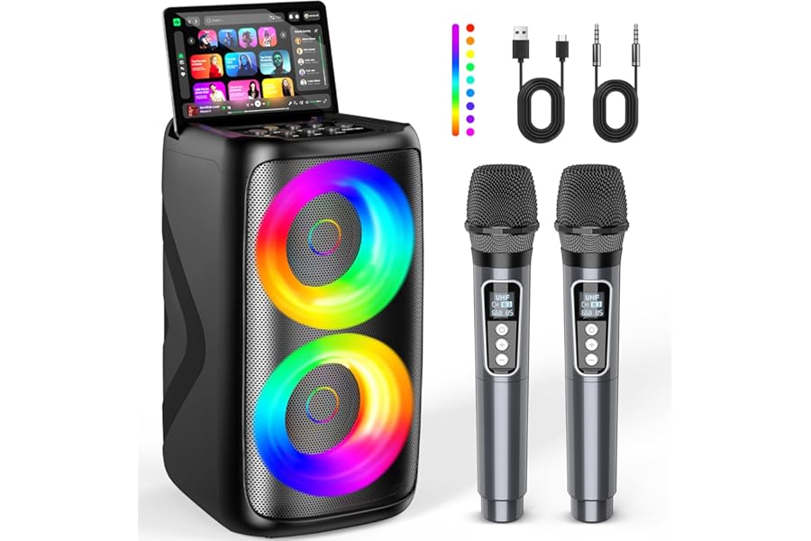 Karaoke Machine for Adults: Portable Bluetooth Speaker with 2 Wireless Karaoke Microphones with LED Lights Birthday Gifts for Party Family Home System Packages Support TWS/TF/USB/AUX