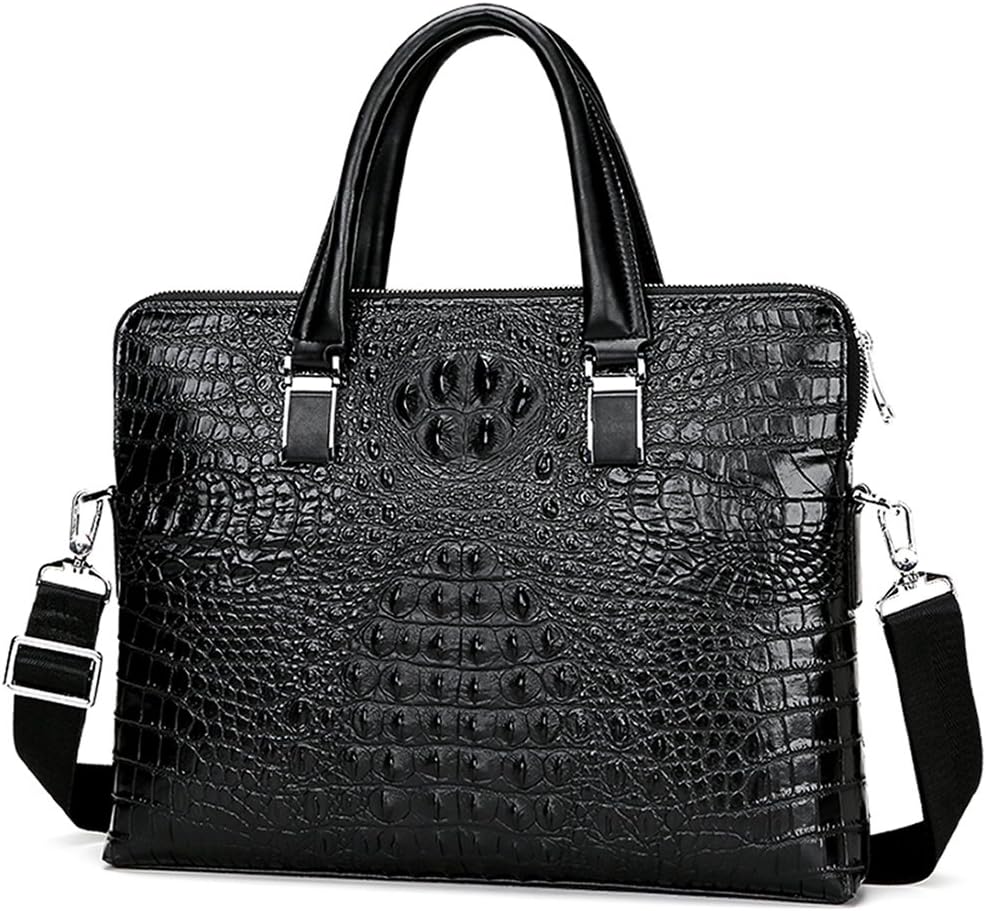 Fashion Mens Leather Briefcase Crocodile Pattern Handbag Alligator Embossed Leather Organizer Briefcase for Men Double zipper Man Laptop Bag 89046-3 (Black)
