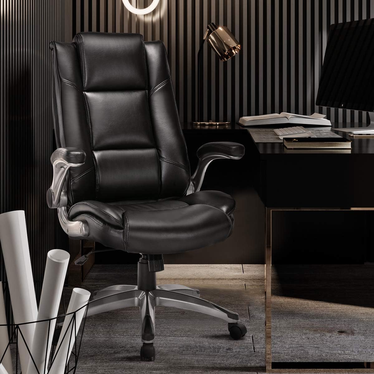 Office Chair High Back Leather Executive Computer Desk Chair - Flip-up Arms and Adjustable Tilt Angle Swivel Chair Thick Padding for Comfort and Ergonomic Design for Lumbar Support: Office Products