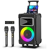 JYX Karaoke Machine with 2 Wireless Mics, 10" Woofer 500W Peak Power Big Portable Bluetooth Speaker with Bass/Treble Adjustment, PA System with Remote Control, LED Lights, Rolling Wheels and Trolley