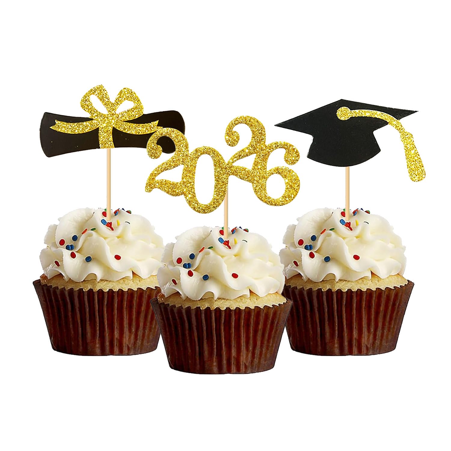 Topfunyy 24 Pack 2026 Graduation Cupcake Topper Congrats Grad Cake Topper with Diploma, 2026, Grad Cap for Graduate Party Decorations Supplies