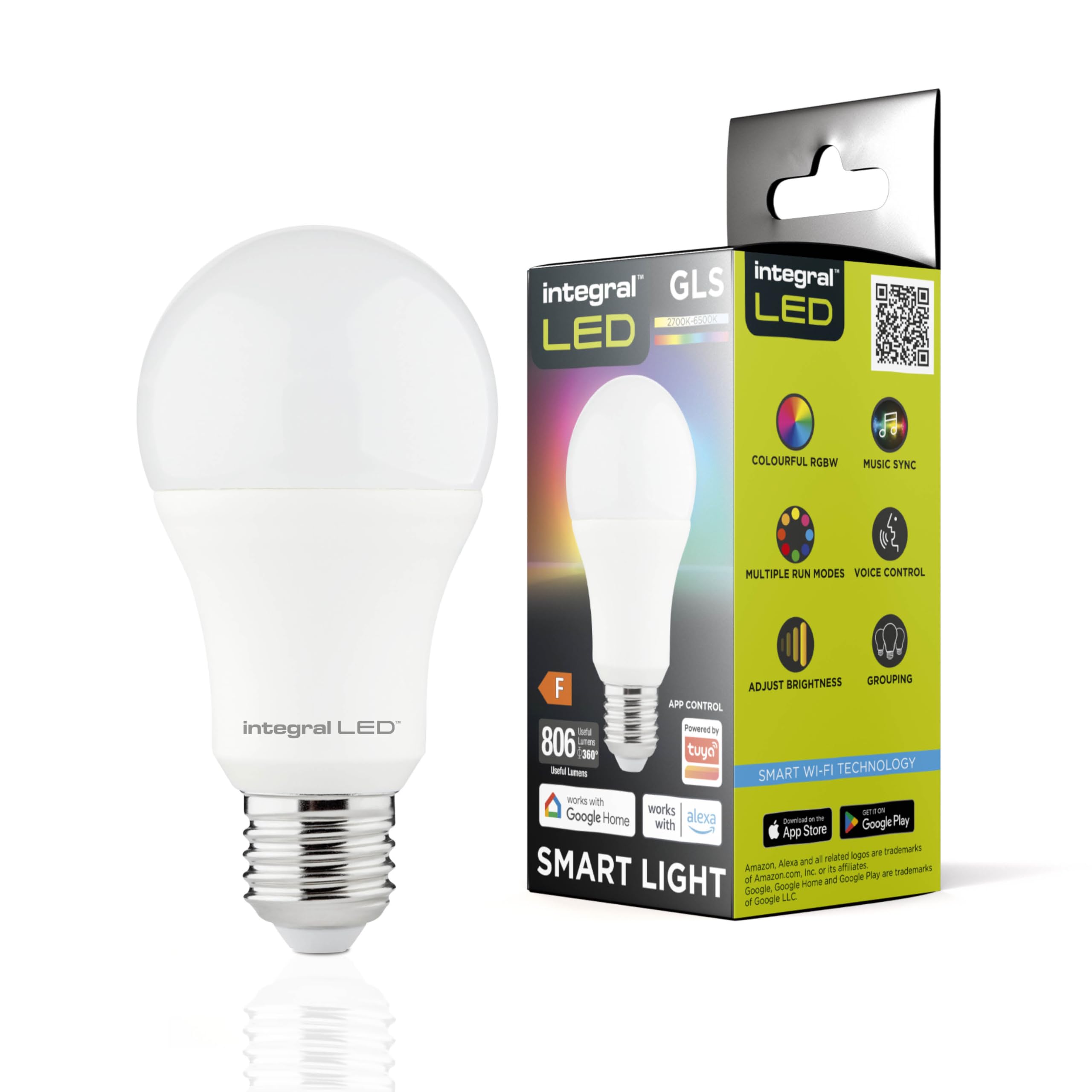 Integral LED 4 Pack Smart GLS E27 Dimmable Colour Changing 2.4GHz WiFi Bulb – Warm, Cool & Daylight White 2700K-6500K, 806lm, 8.5W (60W Equivalent) – App Controlled and Alexa & Google Home Compatible